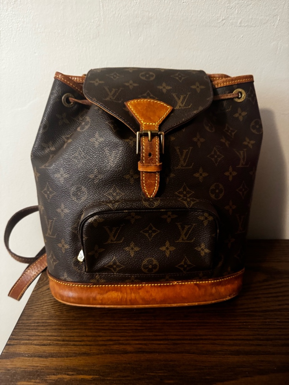 Louis Vuitton Brown Monogram Backpack with Tan Leather Trim
